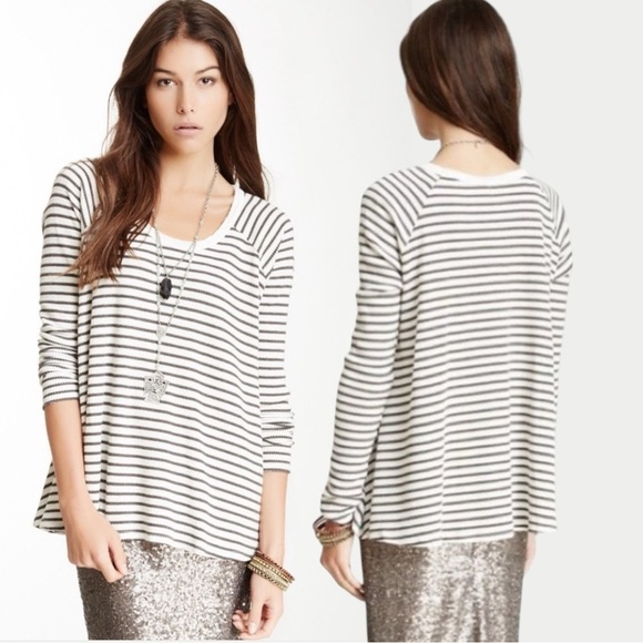 Free People Bohemian Grunge Thermal Striped Long Sleeve Top Size Large Boatneck - Picture 1 of 8